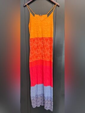 Fleur Bleue Colorblock Maxi Slip Dress - woman’s size Sm. Orange, Red & Blue